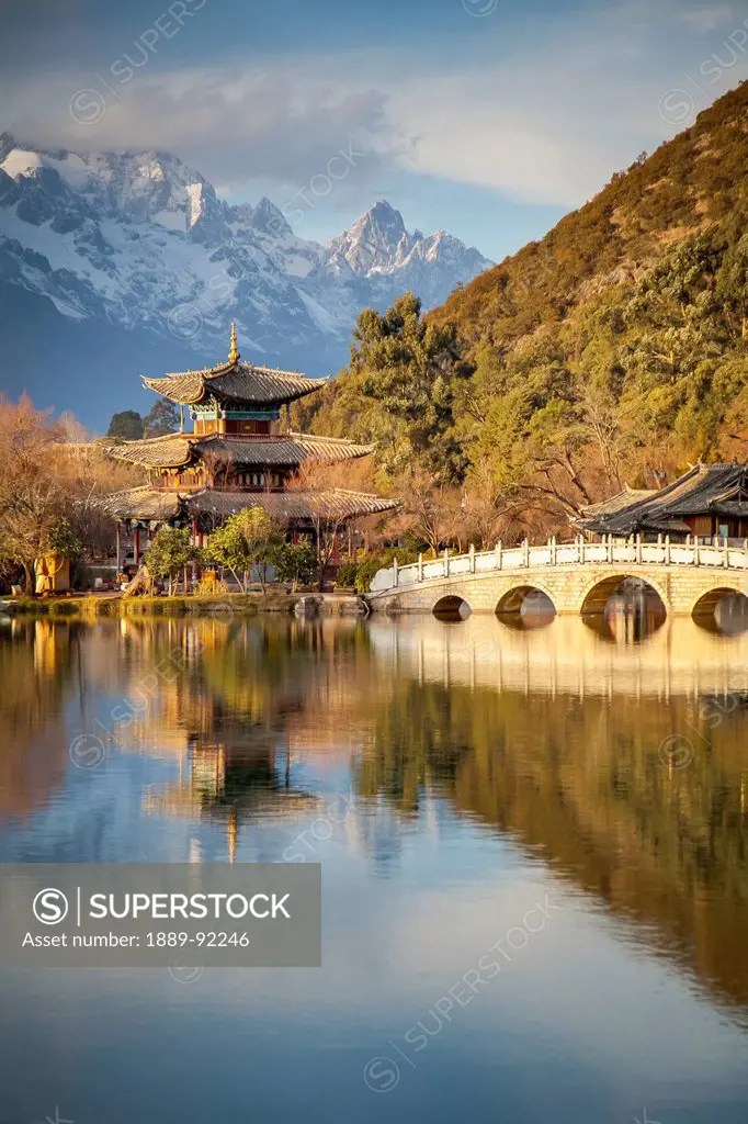 Black Dragon Pool with Jade Dragon Snow Mountain in background; Lijiang, Yunnan Province, China