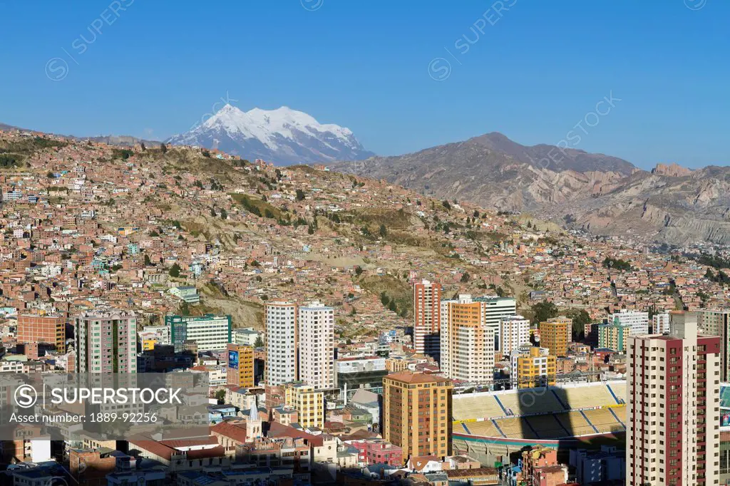 Panoramic view of La Paz and Mount Illimani from Mirador de Killi Killi, La Paz, Bolivia