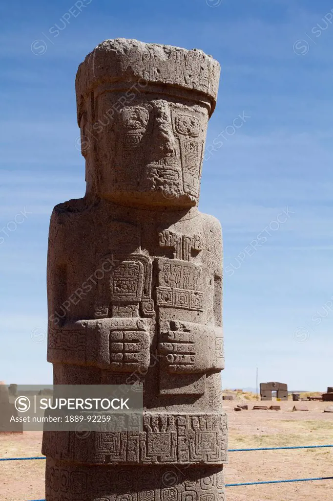 Stela 8 or Ponce Monolith made of andesite in the courtyard of the Kalasasaya Temple, Tiwanaku, La Paz Department, Bolivia