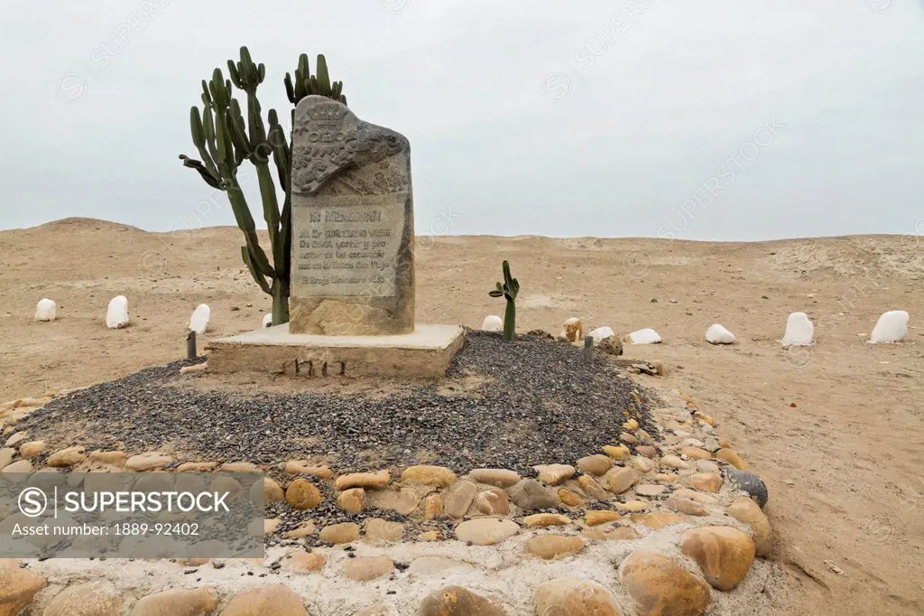 Memorial marker to Dr. Guillermo Wiese, El Brujo Archaeological Complex, La Libertad, Peru,