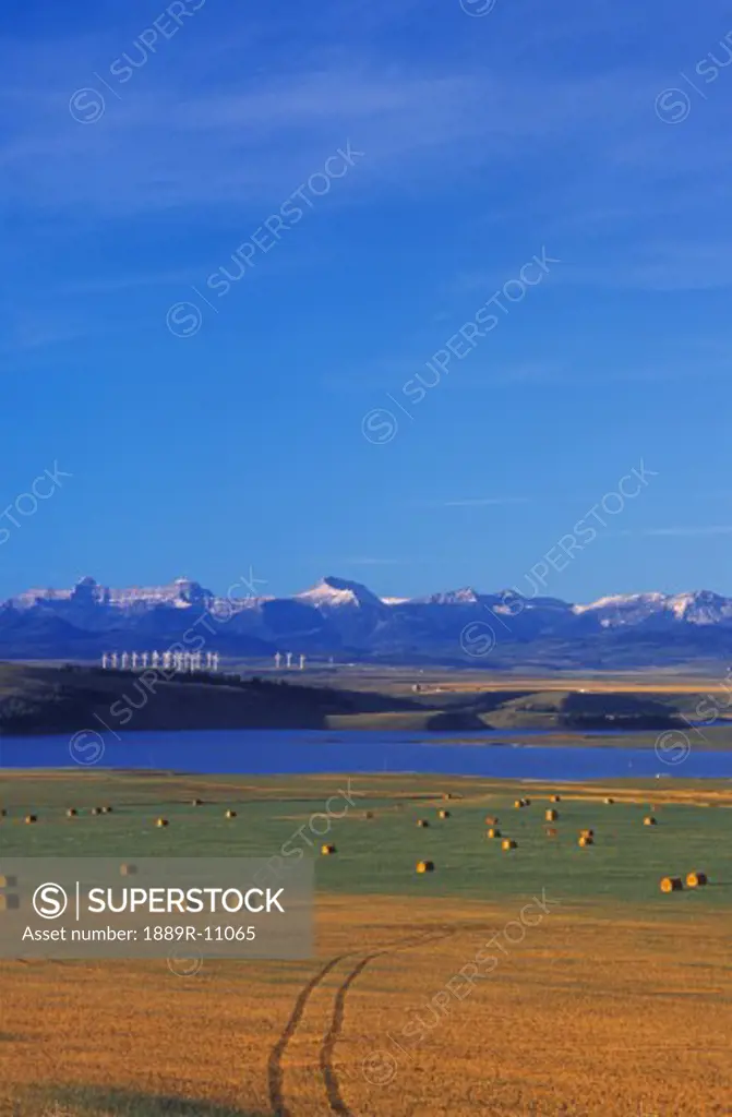 Farmer's Hay field with river and mountains in background