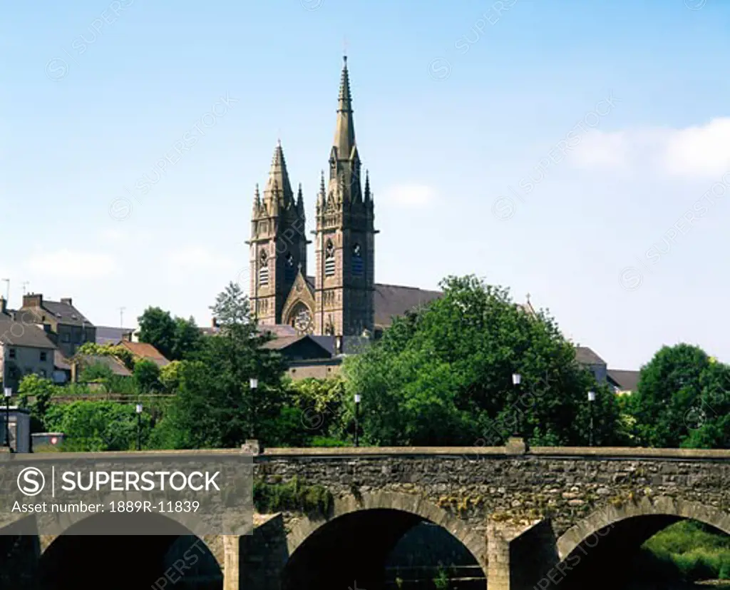 The uneven spires of Omagh's Sacred Heart Church, Co Tyrone, Ireland