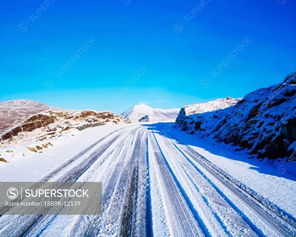 Road near Moll's Gap in winter, Ring of Kerry, Co Kerry, Ireland