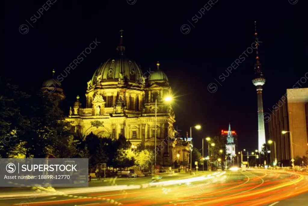 Cathedral and Unter den Linden at night, Berlin, Germany
