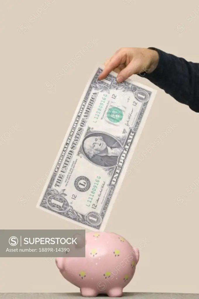 Trying to fit dollar bill in piggy bank