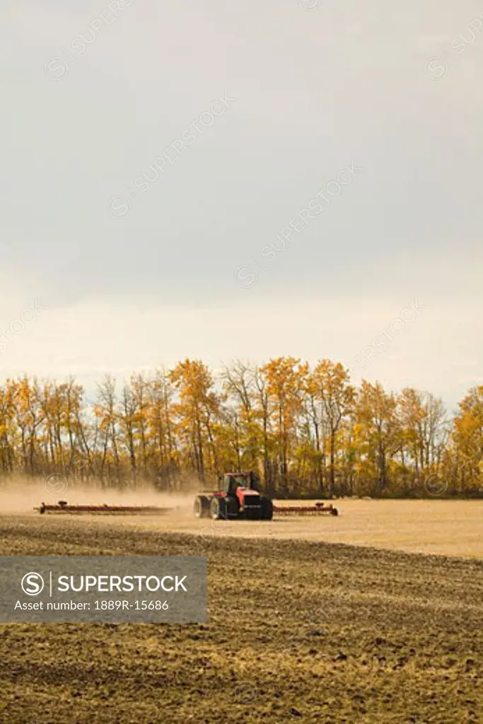 Tractor ploughing field after harvesting