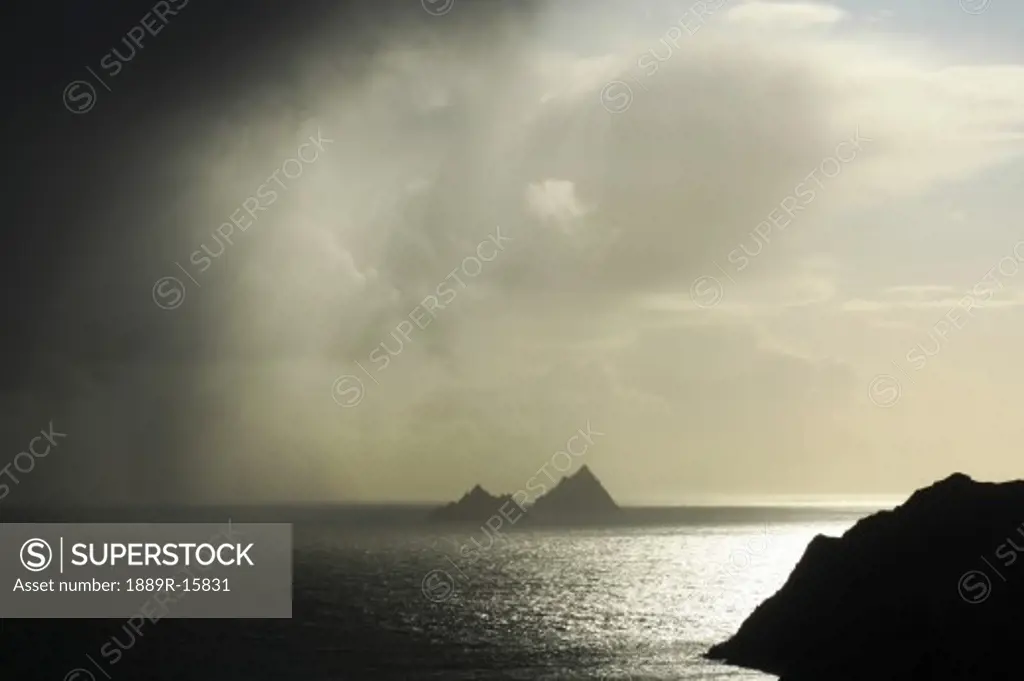 Skellig Islands, Co Kerry, Ireland; Islands in a rain shower