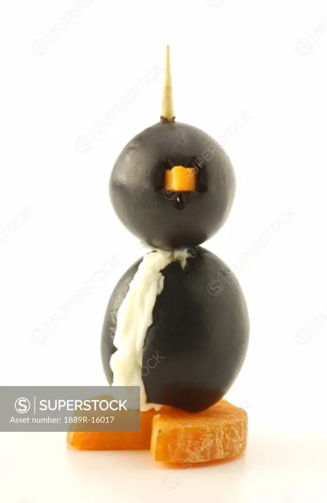 Penguin made of olives, cream cheese and carrots; Appetizer