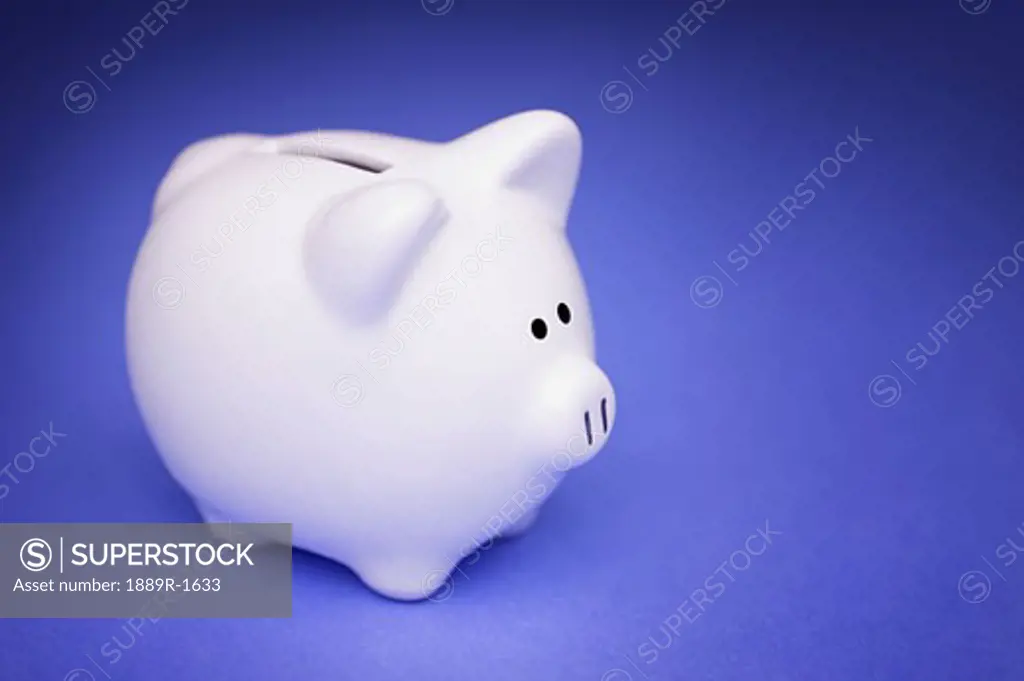White pottery piggy bank on a blue background