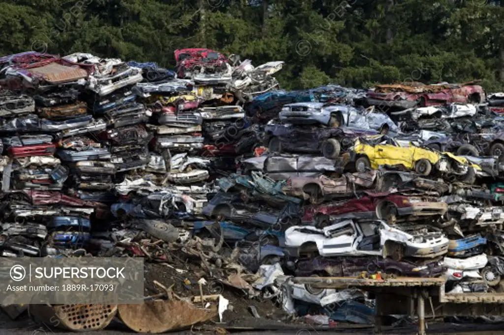 Vancouver Island, British Columbia, Canada; Crushed vehicles at a recycling plant