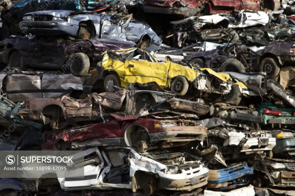 Vancouver Island, British Columbia, Canada; Crushed vehicles at recycling plant