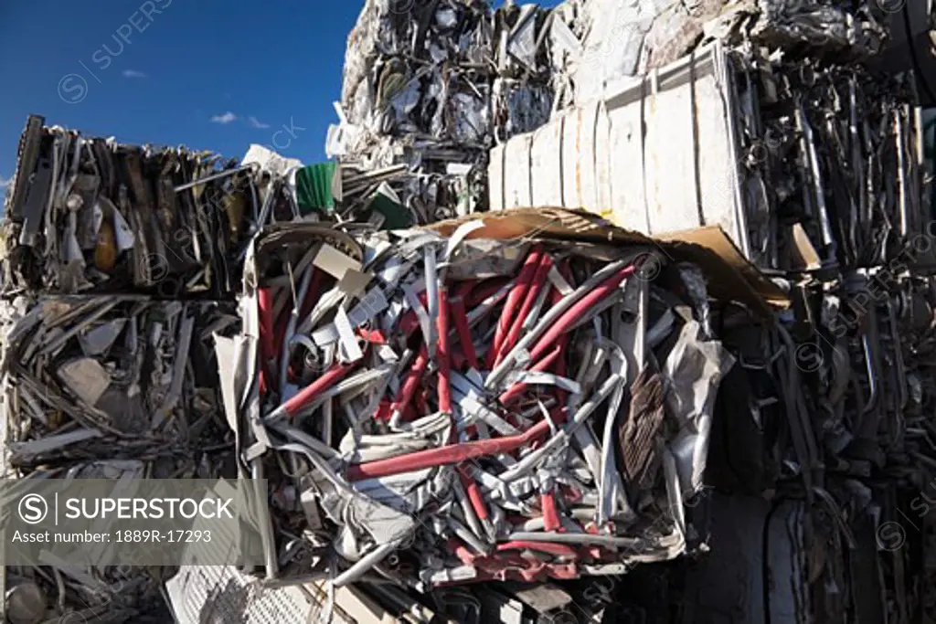 Recycling center, Quebec, Canada; Compacted scrap metal