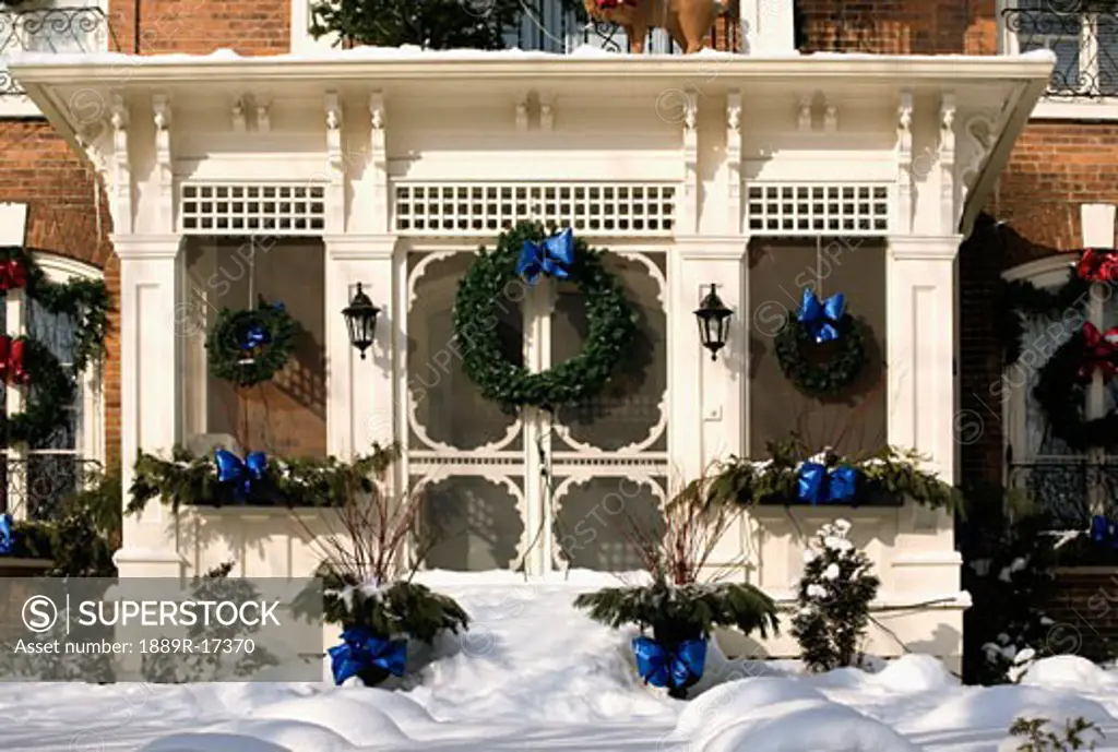 Christmas decorations on exterior of building, Waterloo, Quebec, Canada