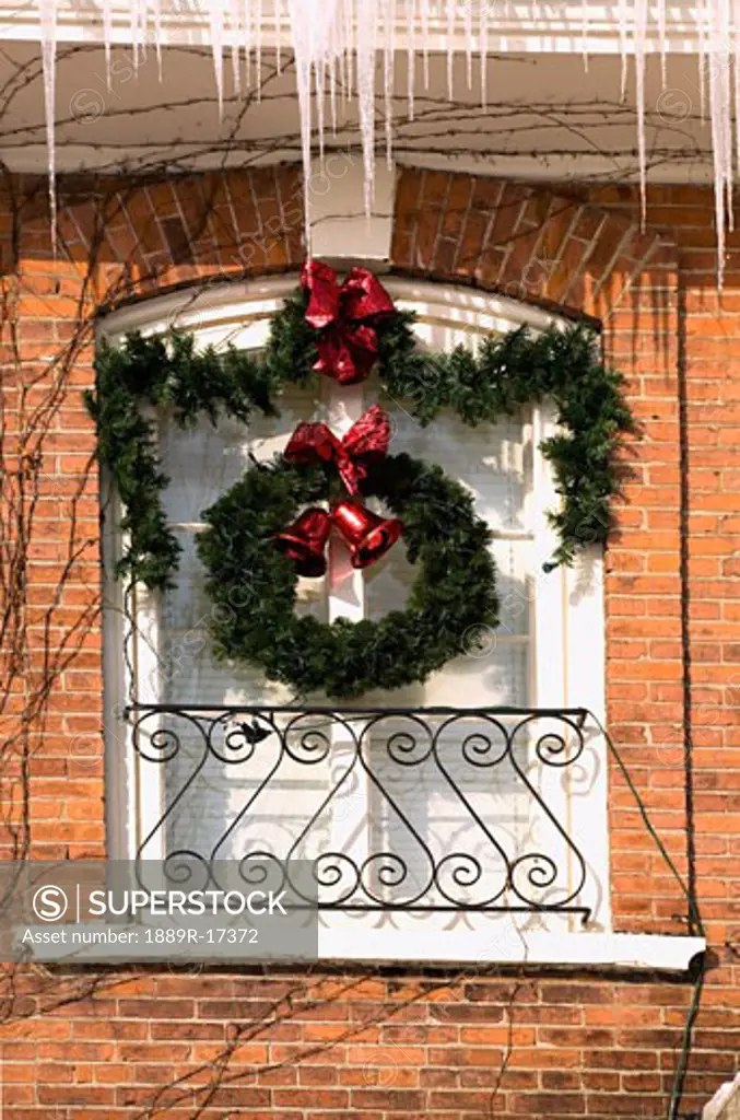 Christmas decorations on exterior of building, Waterloo, Quebec, Canada