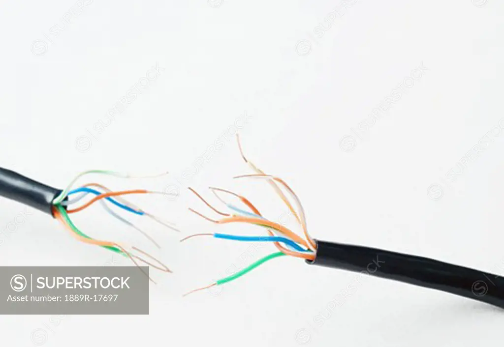 Technology; Close-up of cut cable with exposed wiring