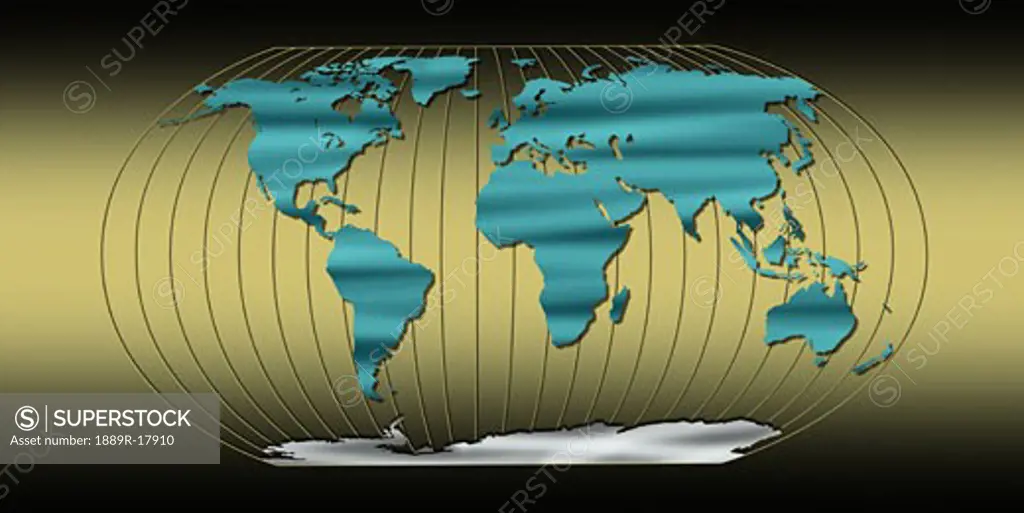 World map with longitude lines on gold background