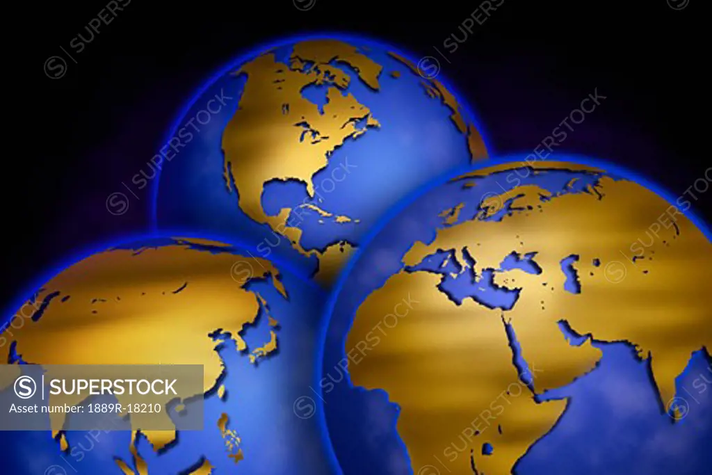 Three globes displaying different continents