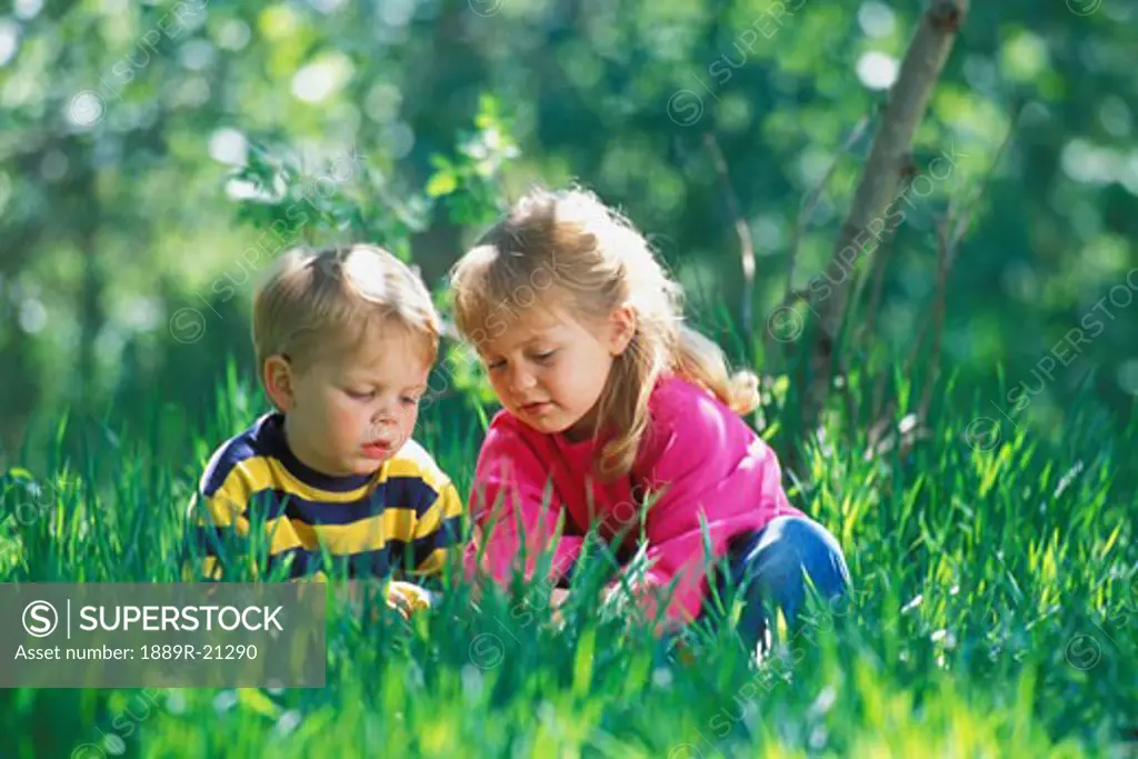 Two children play in the grass