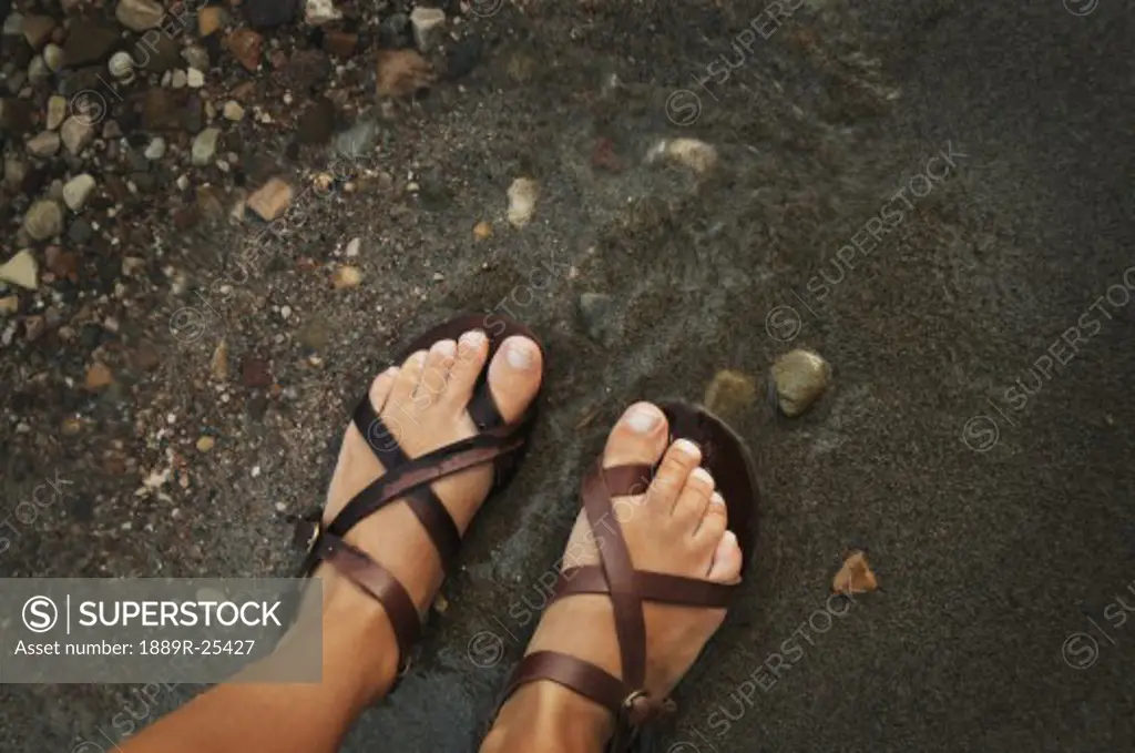 Sandaled feet on shore