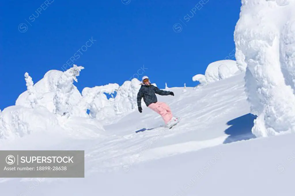 Snowboarder carving down slope
