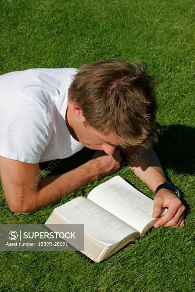 A man reading his Bible on the grass