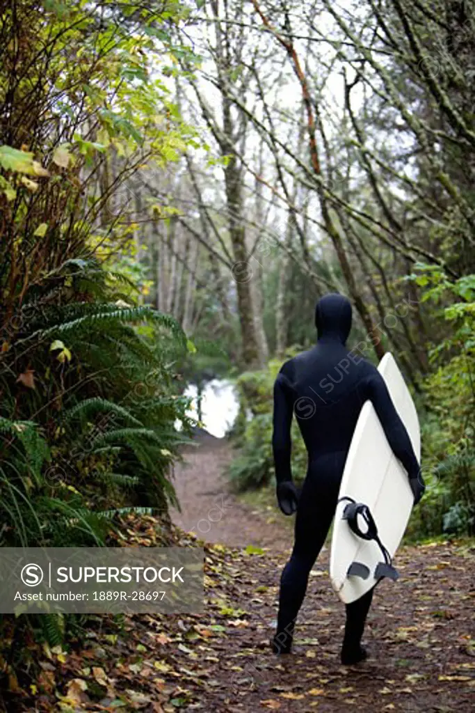 Surfer in steamer wetsuit, carrying board to the beach