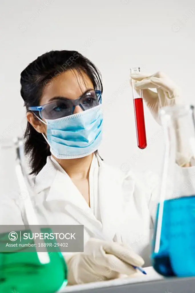 Chemist looking at beaker