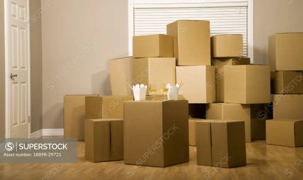Pile of boxes in a room