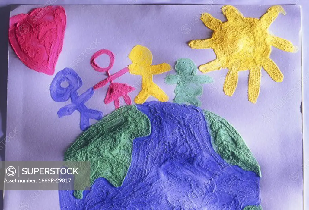 Childrens painting of people on the world