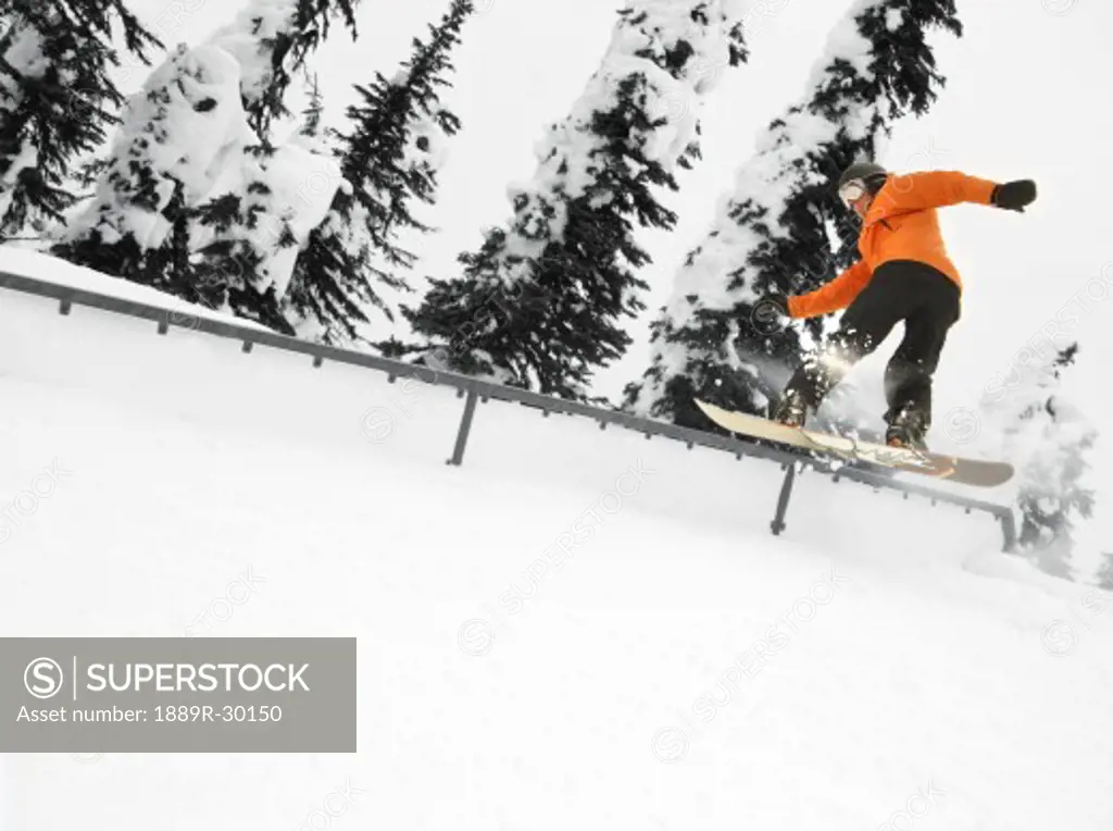 Person snowboarding on a railing