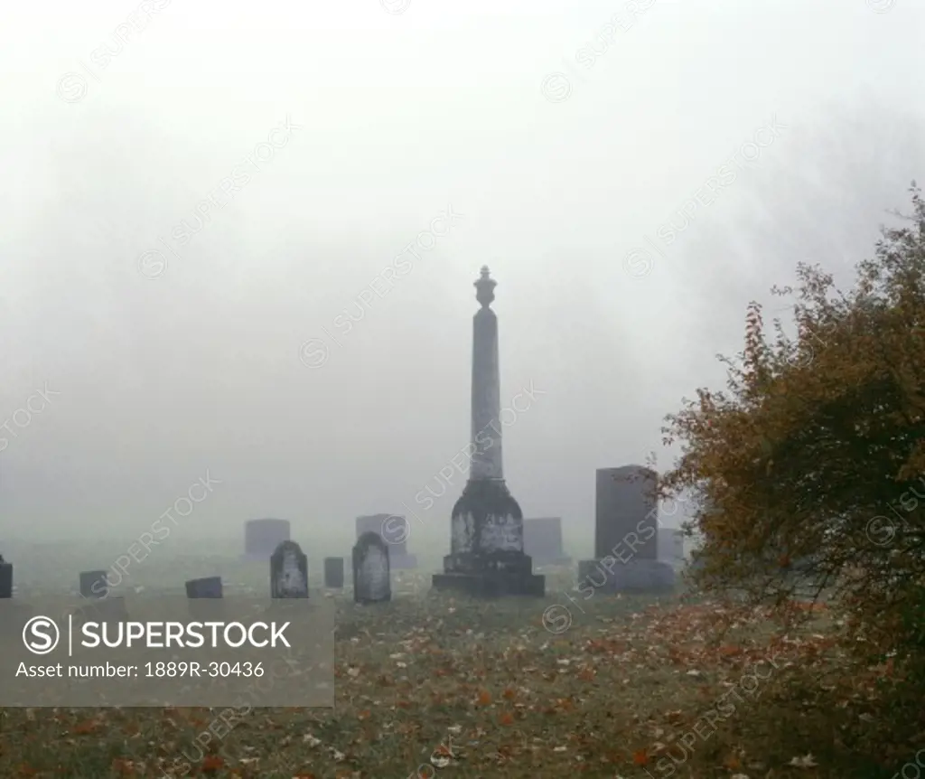 Cemetery with tombstones in the fog