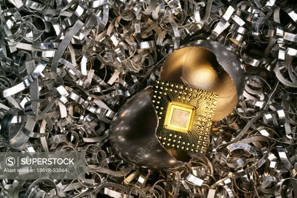 Nest with a broken silver egg containing a micro chip