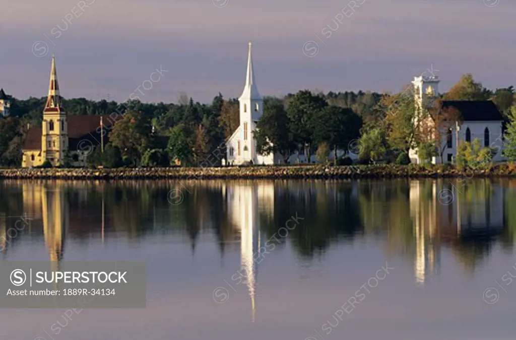 Three churches at Mahone Bay, Nova Scotia, Canada