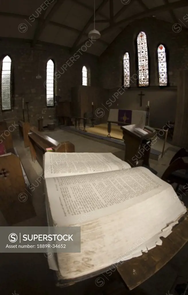 Closeup of a Bible inside a church, Yorkshire, England