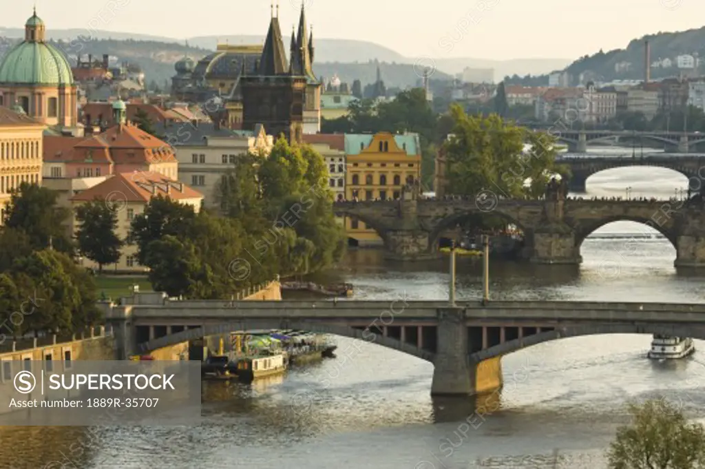 View across Vltava River to Old Town Bridge Tower area, Prague, Czech Republic  