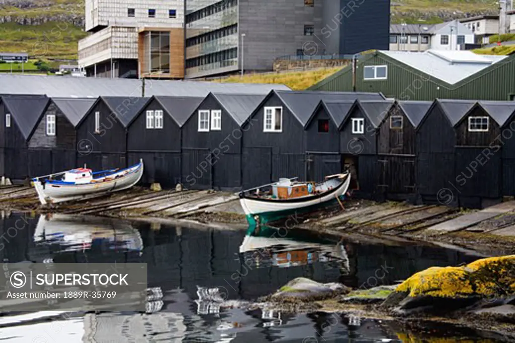 Boat houses, Port of Tórshavn, Faroe Islands, Kingdom of Denmark  