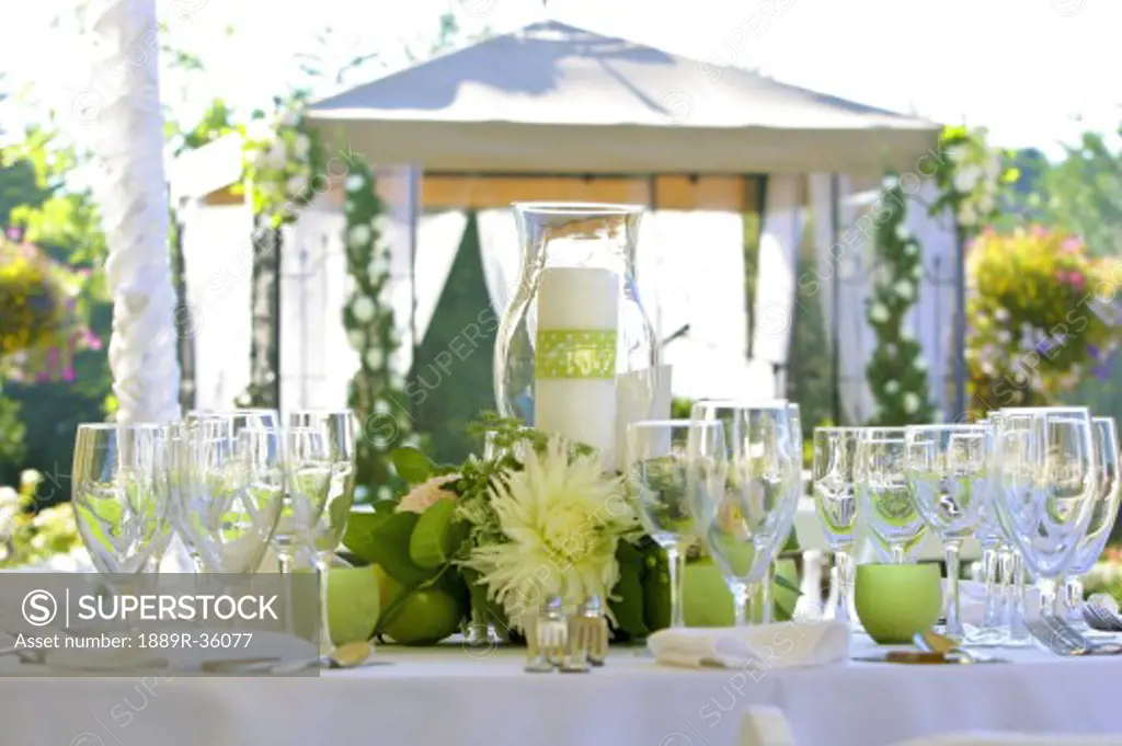 Formal place settings on outdoor table