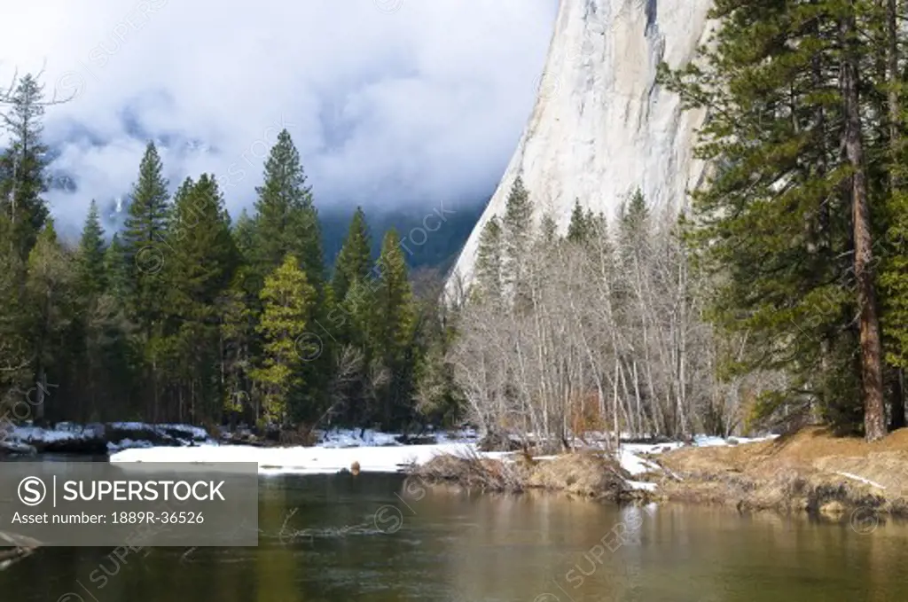 River at foot of mountain, El Capitan, Yosemite National Park, California, USA
