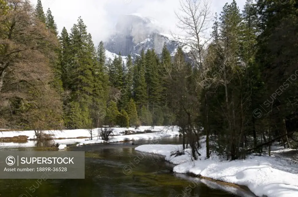 River in winter landscape, Yosemite National Park, USA