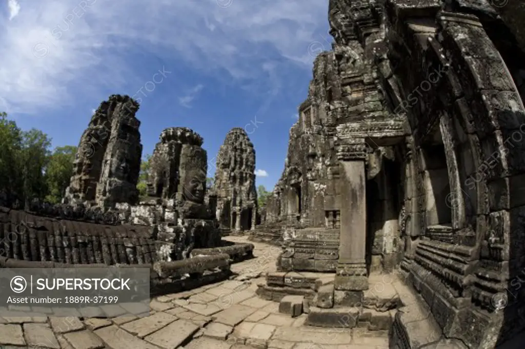 The faces of the Bayon temple in the ancient city of Angkor, in northwestern Cambodia
