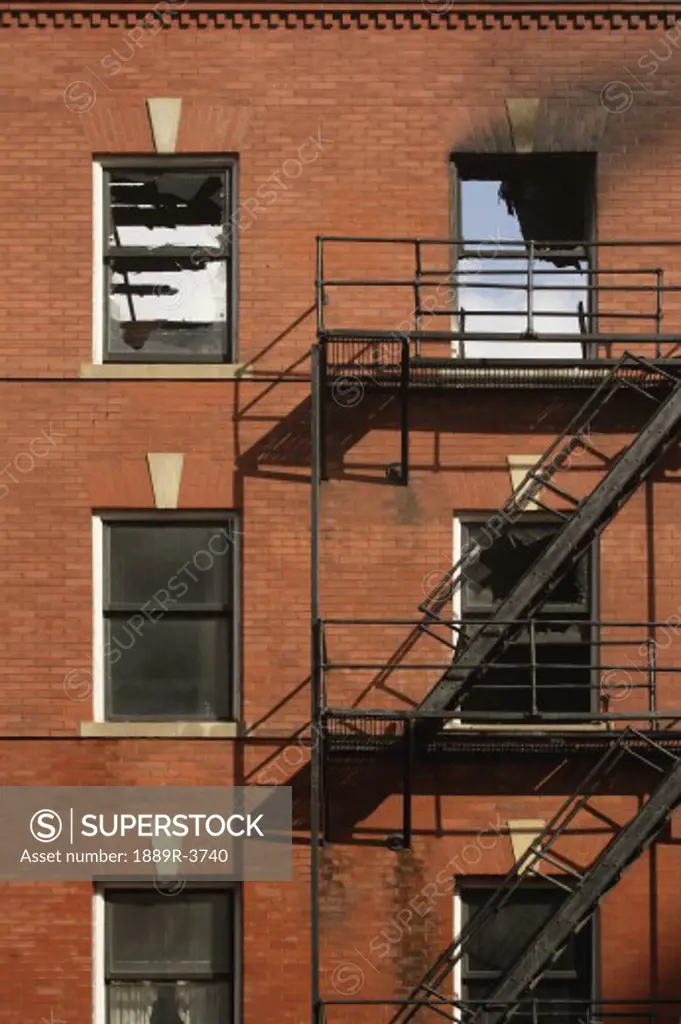 Outdoor fire escape of a burnt out building
