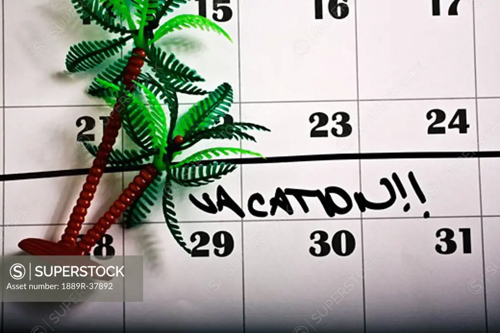 A Plastic Palm Tree Toy On Top Of A Calendar Page With The Word 'Vacation'