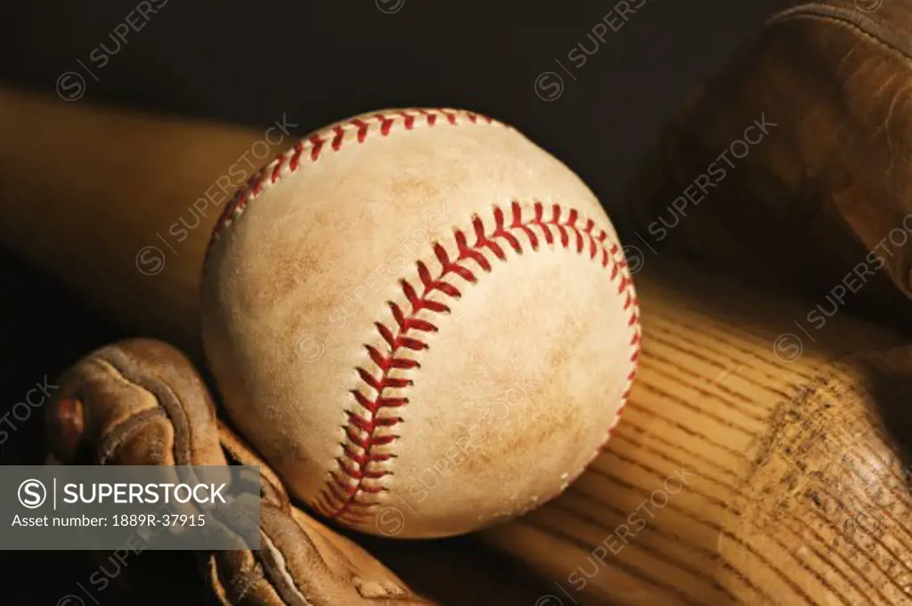 Baseball bat, ball, glove