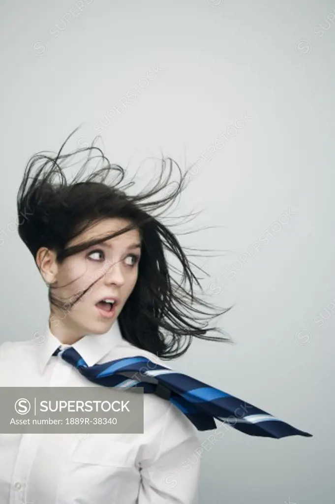 Woman with blowing hair