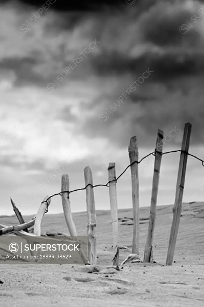 Broken fence in dune, South Shields, Tyne and Wear, England, Europe