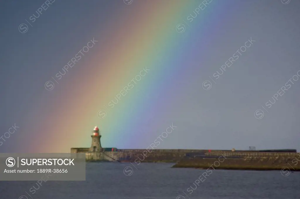 South Shields, Tyne and Wear, England; Rainbow over lighthouse