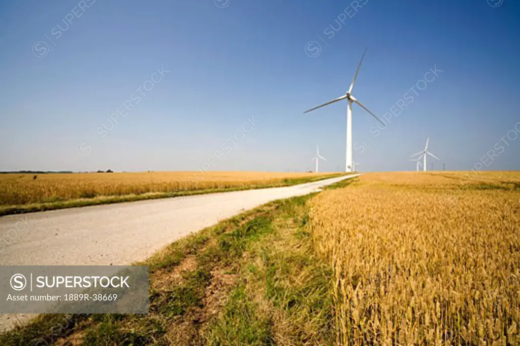 Humberside, England; Road to wind turbines