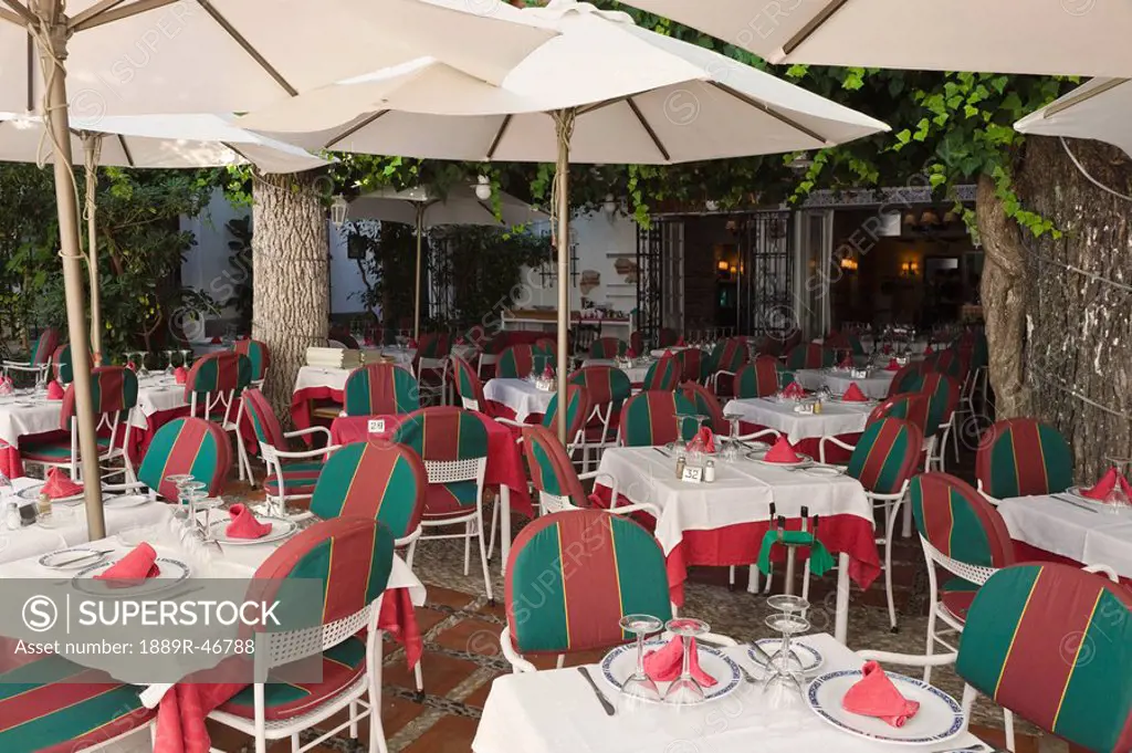 Outdoor restaurant, Marbella, Malaga Province, Costa del Sol, Spain