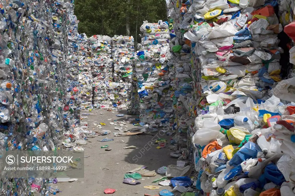 Recycling bundles plastic and metal, Granby, Quebec, Canada