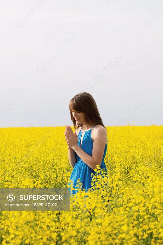 A young woman praying in a canola field
